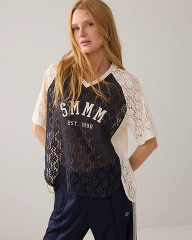 Summum Woman Baseball v Neck Shirt in Lace - Black / Ivory