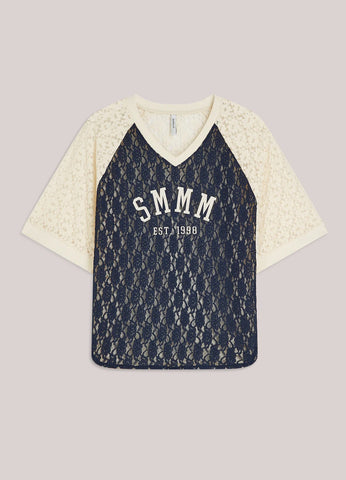 Summum Woman Baseball v Neck Shirt in Lace - Black / Ivory
