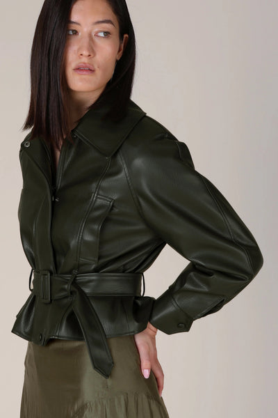 VI.VE.RE Ayla Beleted Faux Leather Jacket - Dark Green