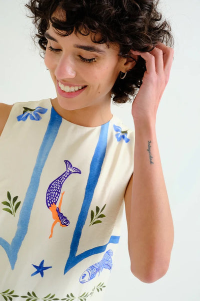 Compania Fantastica Palm & Mermaid Print Maxi Dress - Ecru