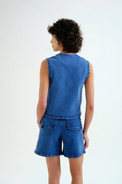 Compania Fantastica Blue Denim Vest with Wave Detail - Blue Denim