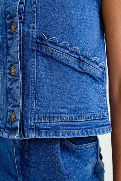 Compania Fantastica Blue Denim Vest with Wave Detail - Blue Denim