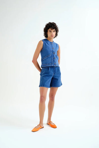 Compania Fantastica Blue Denim Vest with Wave Detail - Blue Denim