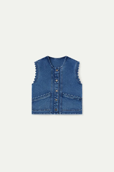 Compania Fantastica Blue Denim Vest with Wave Detail - Blue Denim