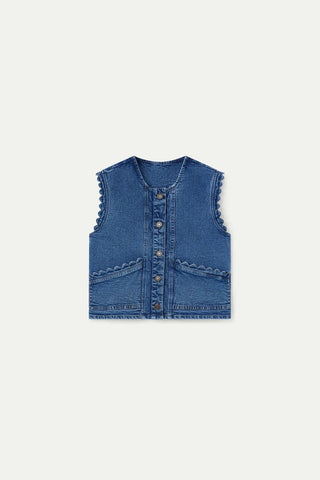 Compania Fantastica Blue Denim Vest with Wave Detail - Blue Denim