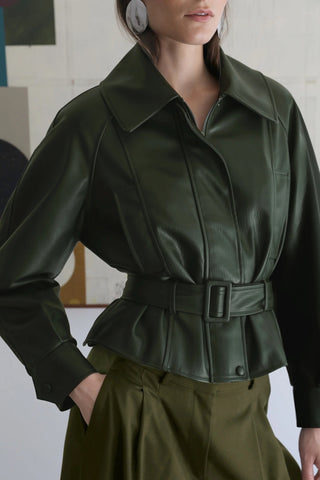VI.VE.RE Ayla Beleted Faux Leather Jacket - Dark Green