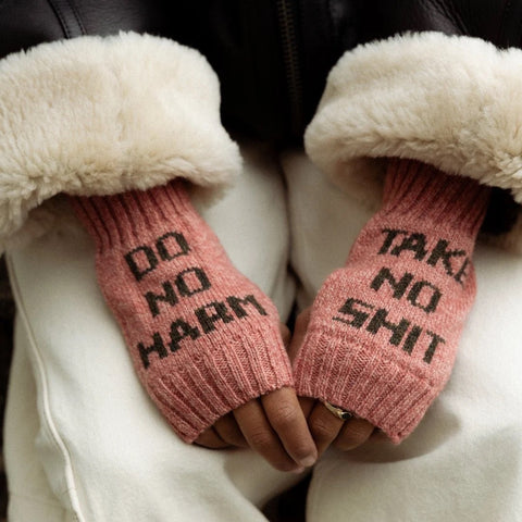 Black & Beech Do No Harm Take No Shit Wrist Warmers in Cloudberyy & Chaffinch