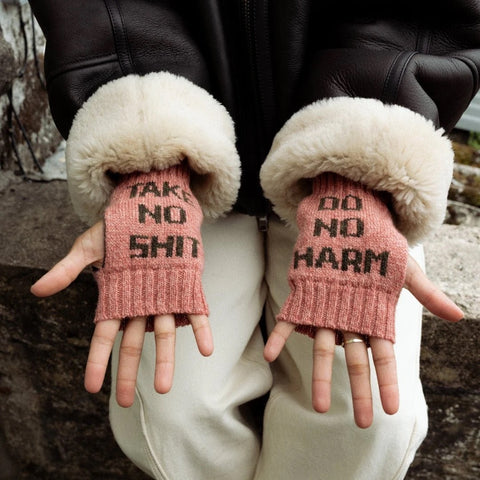 Black & Beech Do No Harm Take No Shit Wrist Warmers in Cloudberyy & Chaffinch