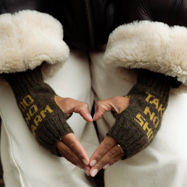 Black & Beech Do No Harm Take No Shit Wrist Warmers in Kelp