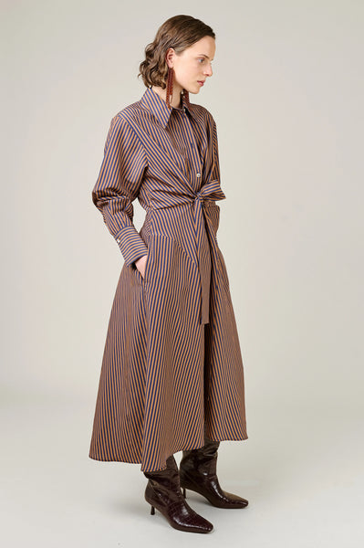 VI.VE.RE Alara Tie Front Shirt Dress - Navy / Brown