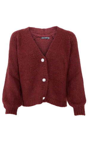 Black Colour Pearl Knit Cardigan - Wine