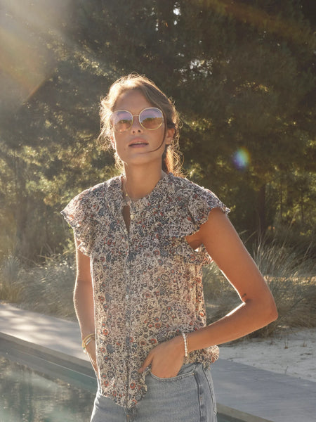 M.A.B.E. Cass Print Frill Top - Indigo / Rust