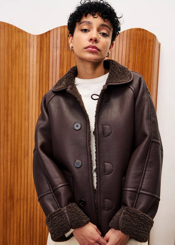 FRNCH Honeybush Faux Shearling Coat - Chocolate