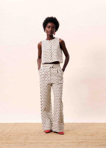 FRNCH Isolde Wide Leg Trousers Geo Print - Ecru / Black