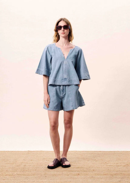 FRNCH Citrine Loose V Neck Top - Washed Blue