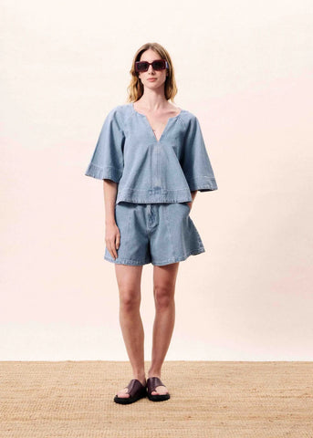 FRNCH Citrine Loose V Neck Top - Washed Blue