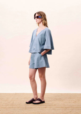 FRNCH Citrine Loose V Neck Top - Washed Blue