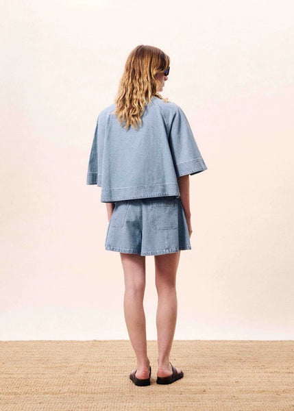 FRNCH Citrine Loose V Neck Top - Washed Blue