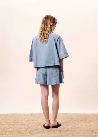 FRNCH Citrine Loose V Neck Top - Washed Blue