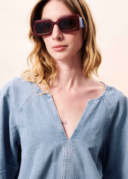 FRNCH Citrine Loose V Neck Top - Washed Blue