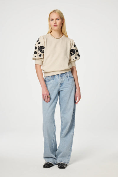 Fabienne Chapot Henriette Sweater- Oatmeal And Dark Navy Embroidery