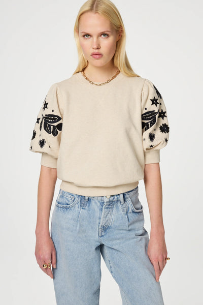 Fabienne Chapot Henriette Sweater- Oatmeal And Dark Navy Embroidery