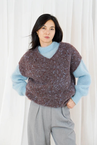TWNS Madelina V-Neck Sleeveless Sweater - Burgundy / Blue