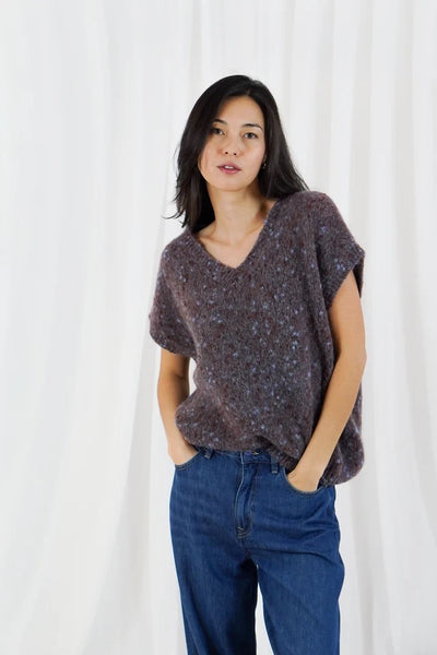 TWNS Madelina V-Neck Sleeveless Sweater - Burgundy / Blue