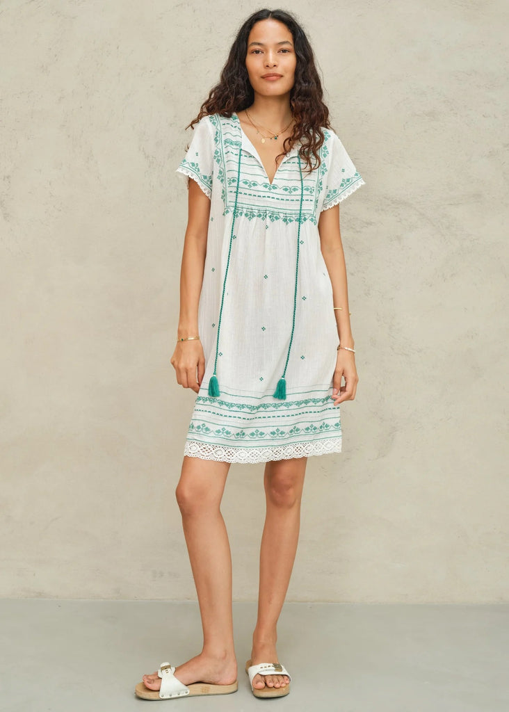 cotton elsa dress M.A.B.E Apparel Elsa Embroidered Sundress - Ecru / Green