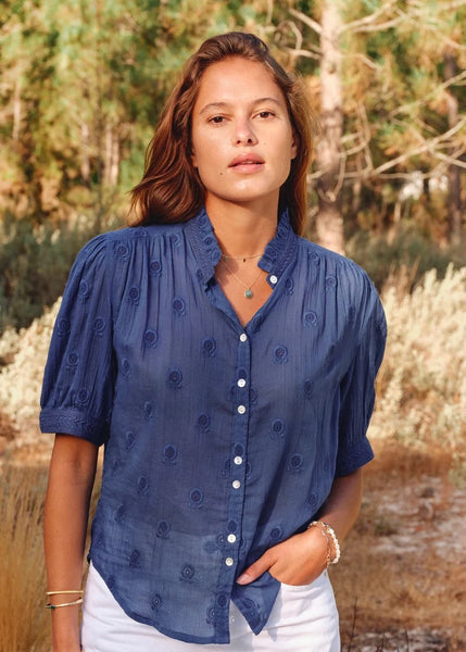 M.A.B.E Apparell Frani Short Sleeve Blouse - Cobalt
