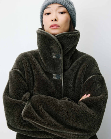 Grace & Mila Amelio Oversized Buttoned Faux-Fur Coat - Khaki