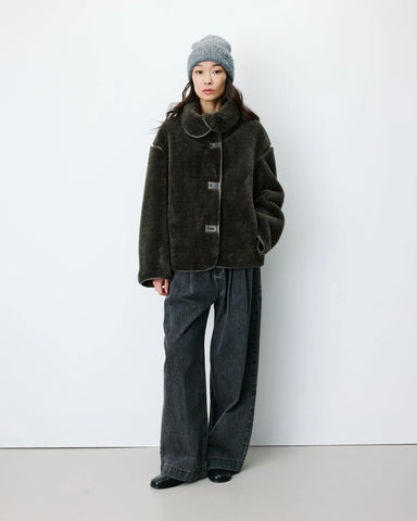 Grace & Mila Amelio Oversized Buttoned Faux-Fur Coat - Khaki