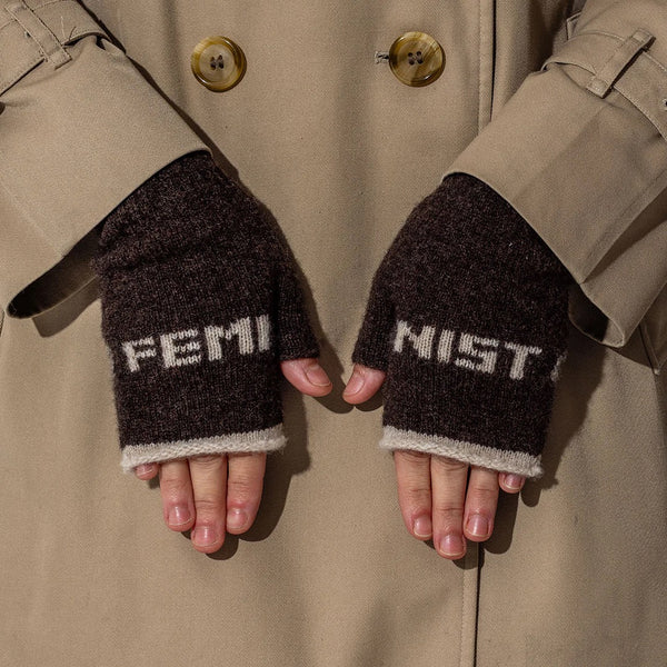 Black & Beech Feminist Fingerless Mittens - Cocoa & Linen