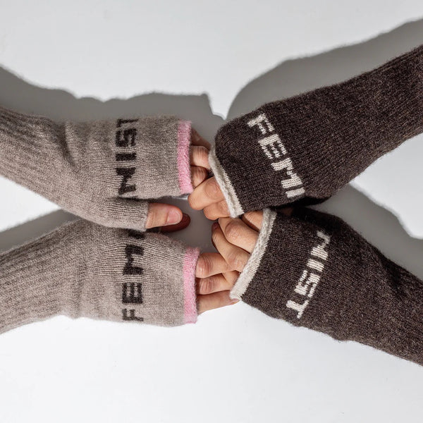 Black & Beech Feminist Fingerless Mittens - Cocoa & Linen