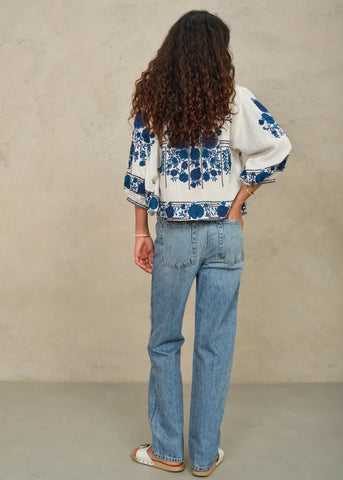 M.A.B.E Apparel Greta Embroidered Jacket - Ecru/Blue
