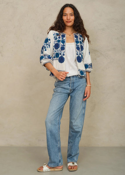 M.A.B.E Apparel Greta Embroidered Jacket - Ecru/Blue