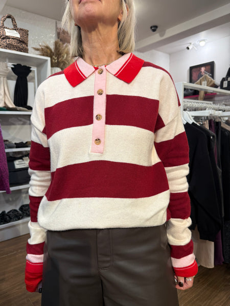 FRNCH Stripe Ambrosia Knitted Collared Top - Bordeaux