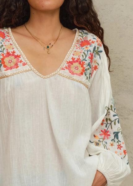 M.A.B.E Apparel Loren Embroidered Long Sleeve Top - Ecru/Multi