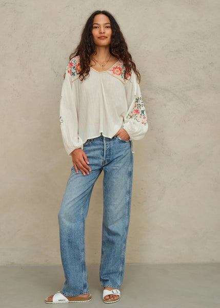 M.A.B.E Apparel Loren Embroidered Long Sleeve Top - Ecru/Multi