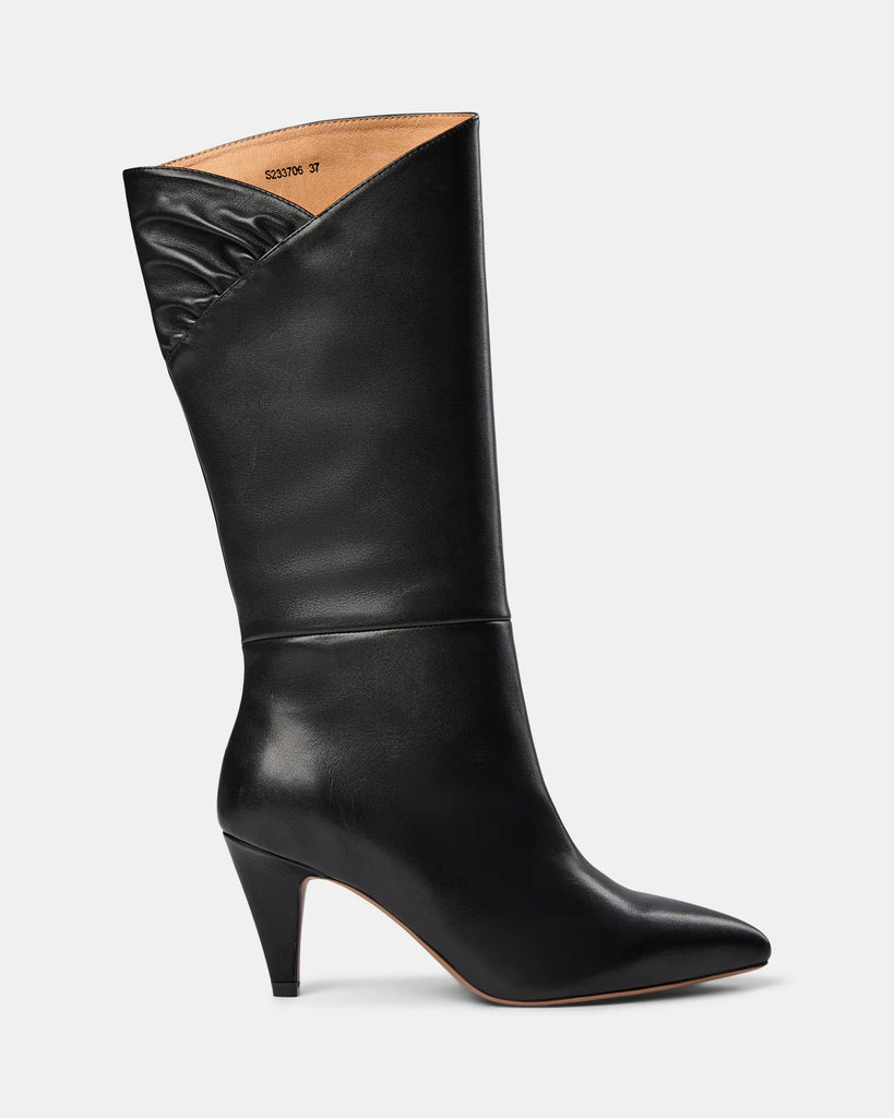Tall black leather boots with low heel 2025