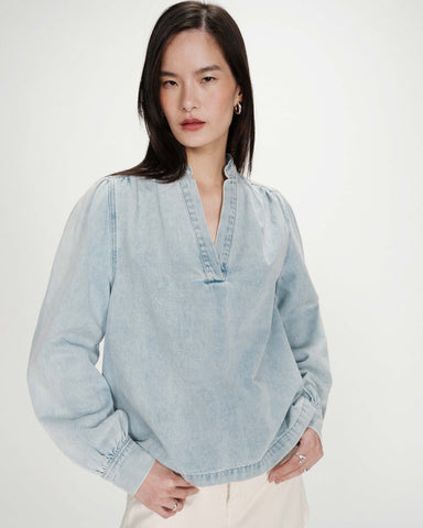 Grace & Mila Valory Straight Long Sleeve Denim Blouse - Sky Blue