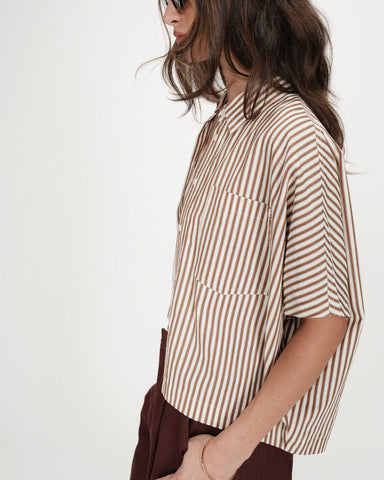 Grace & Mila Vercia Stripe Short Sleeve Shirt - Mocha