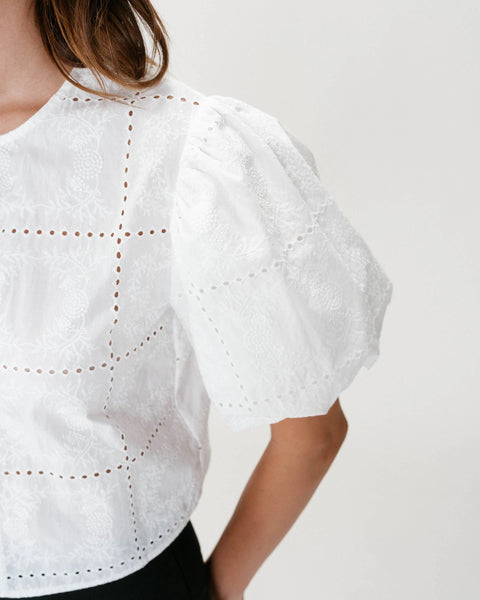 Grace & Mila Wylette Broderie Anglaise Balloon Sleeve Tie Front Blouse - White