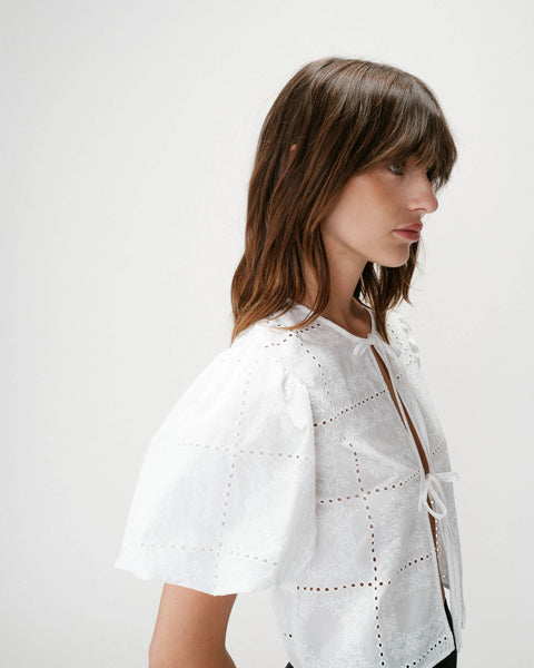 Grace & Mila Wylette Broderie Anglaise Balloon Sleeve Tie Front Blouse - White