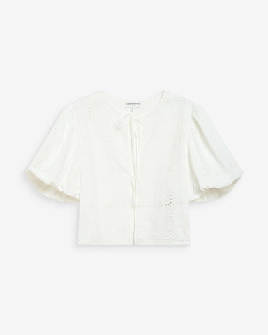 Grace & Mila Wylette Broderie Anglaise Balloon Sleeve Tie Front Blouse - White