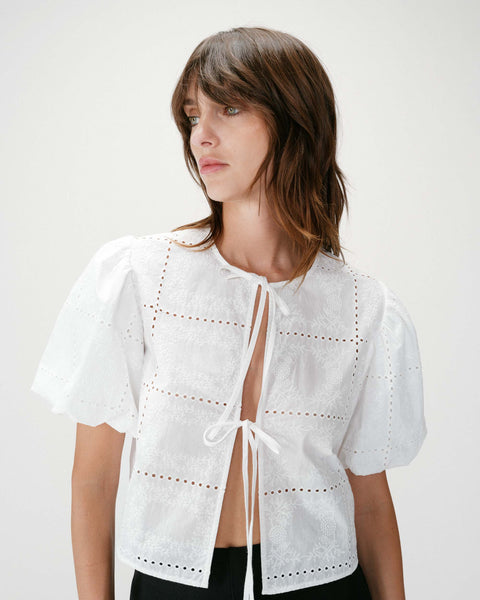 Grace & Mila Wylette Broderie Anglaise Balloon Sleeve Tie Front Blouse - White