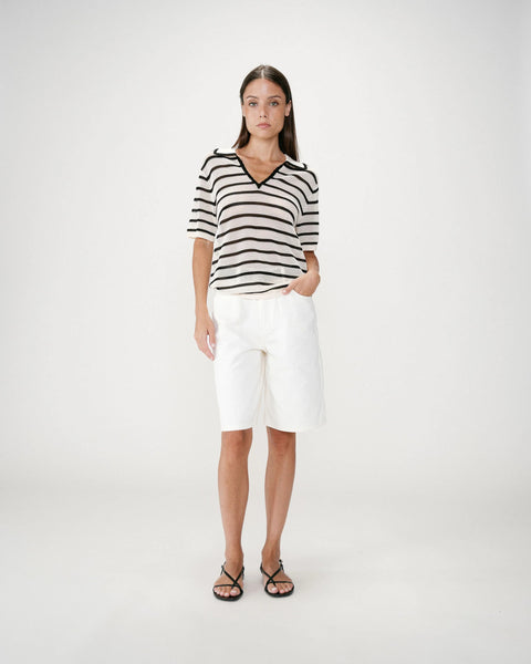 Grace & Mila Short Sleeve Stripe Polo - Black / Ecru