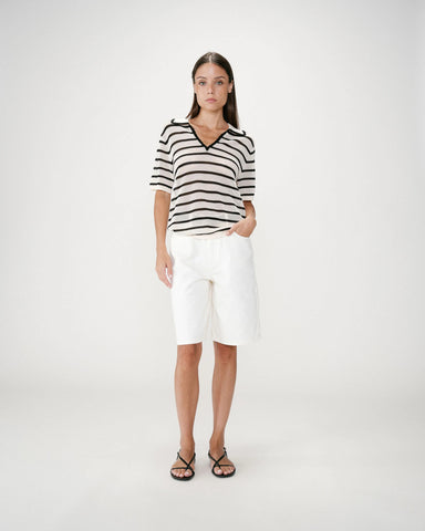 Grace & Mila Short Sleeve Stripe Polo - Black / Ecru