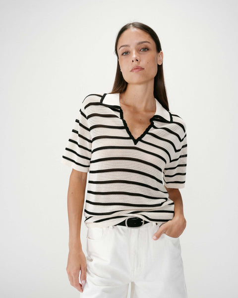 Grace & Mila Short Sleeve Stripe Polo - Black / Ecru