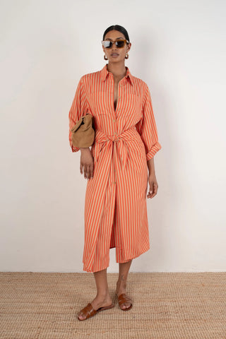 VI.VE.RE Lina Tie Front Shirt Dress - Orange / Sand